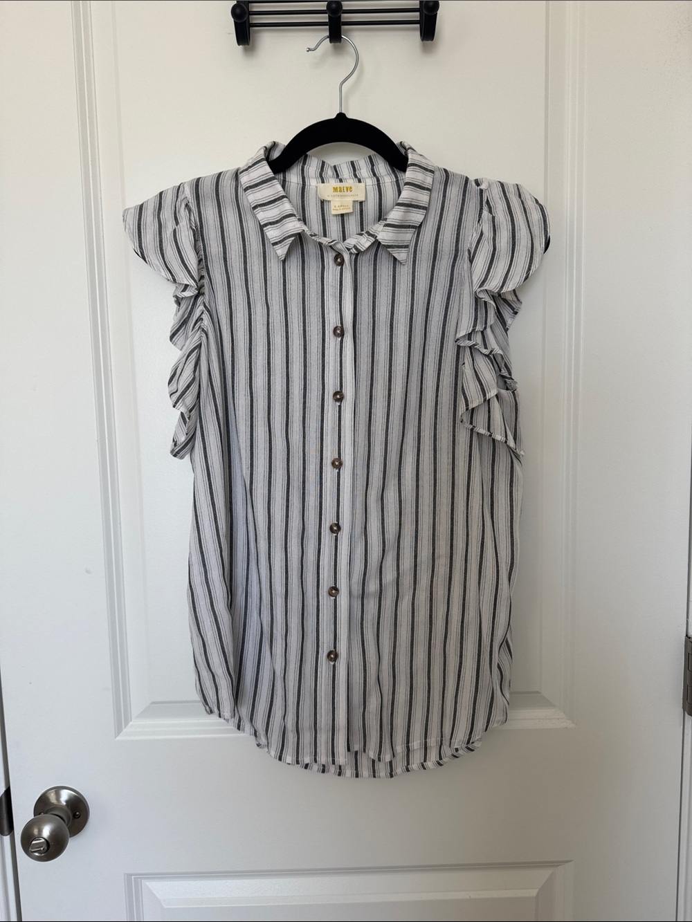 Anthropologie White and Black Striped Ruffle-Sleeve Button Blouse